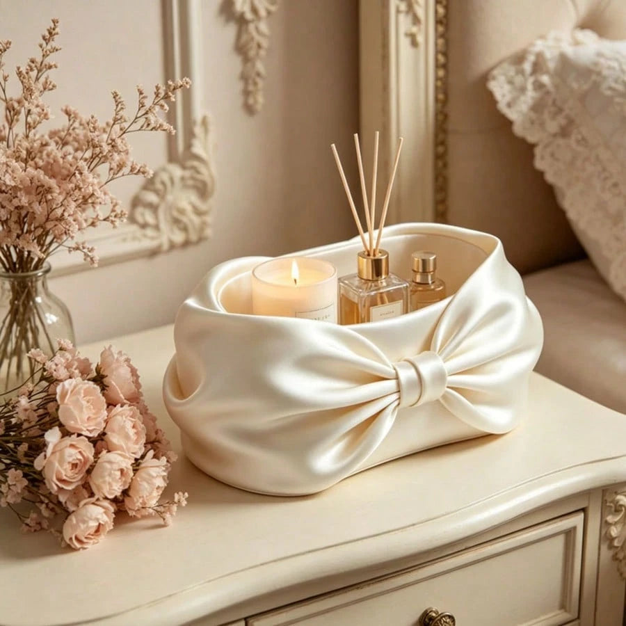 French Luxury Velvet Storage Basket, High-End Living Room Desktop Clutter Organizer, Suitable For Cosmetics Storage, Bow Knot Bowl Decorative Display, Applicable For Holidays, Christmas, Valentine's D
