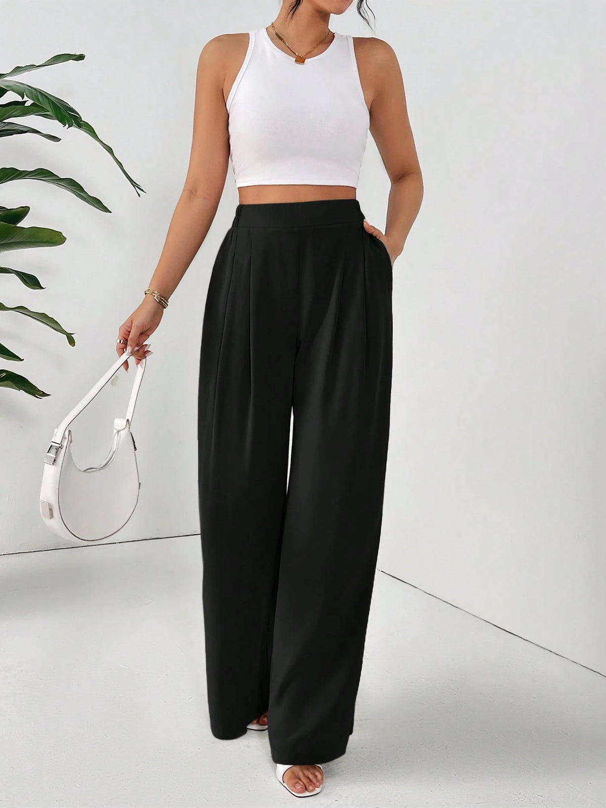 Frenchy Women Dress Pants Uniform Pants Teacher Pants Ladies' Commuting Black Striped Elastic Waist Wide Leg Trousers With Double Pockets Winter Casual Spring