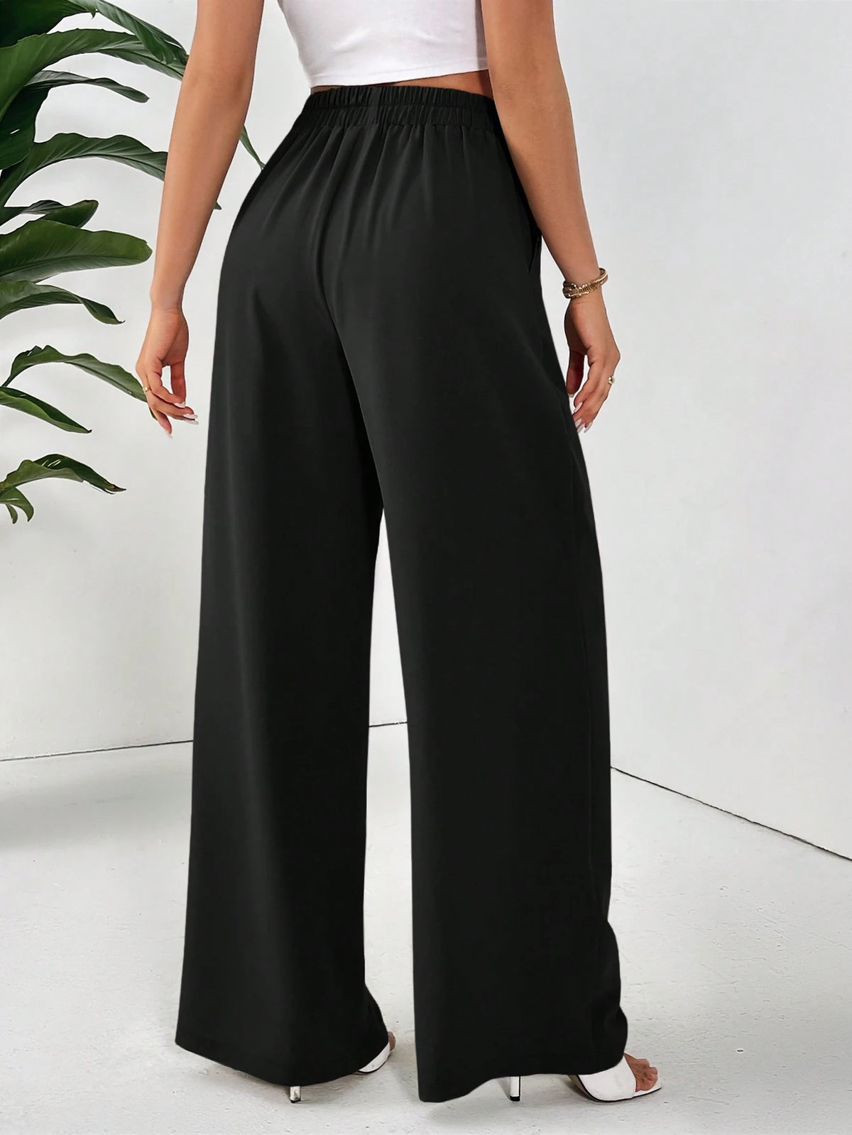 Frenchy Women Dress Pants Uniform Pants Teacher Pants Ladies' Commuting Black Striped Elastic Waist Wide Leg Trousers With Double Pockets Winter Casual Spring