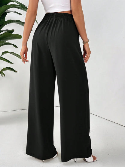 Frenchy Women Dress Pants Uniform Pants Teacher Pants Ladies' Commuting Black Striped Elastic Waist Wide Leg Trousers With Double Pockets Winter Casual Spring
