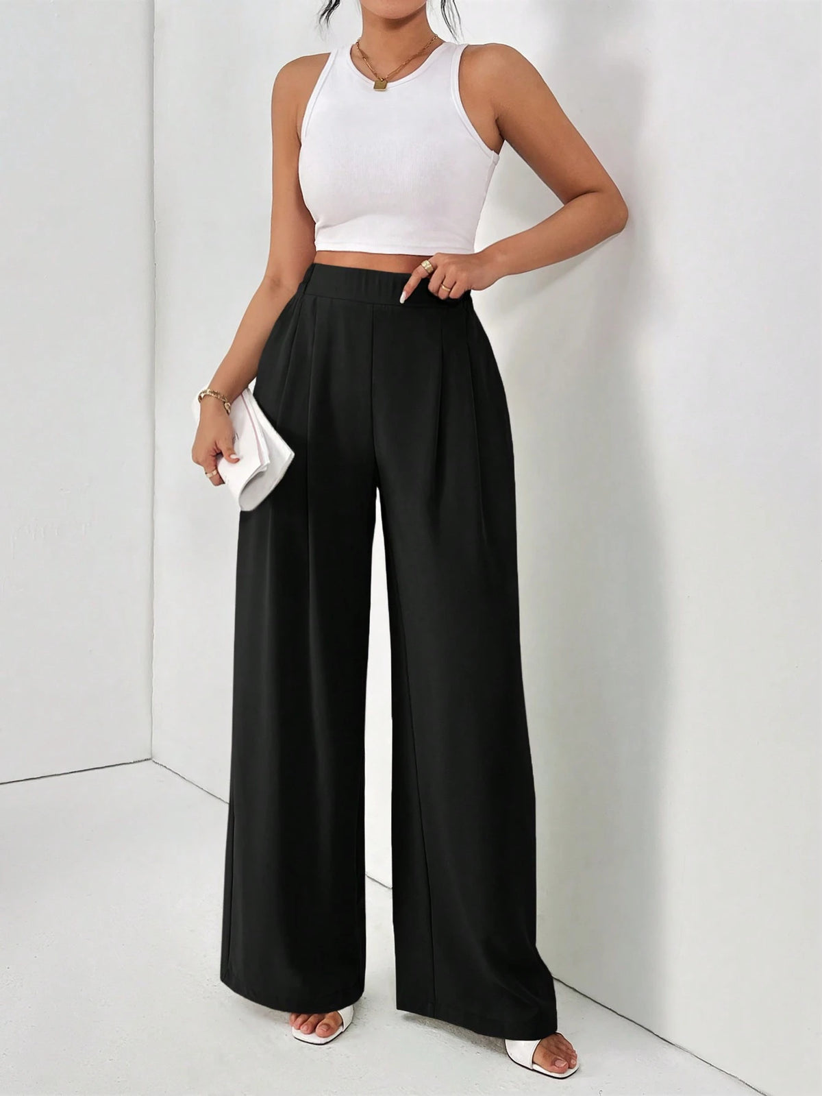 Frenchy Women Dress Pants Uniform Pants Teacher Pants Ladies' Commuting Black Striped Elastic Waist Wide Leg Trousers With Double Pockets Winter Casual Spring