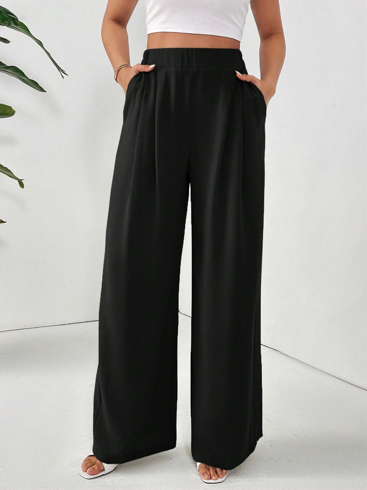 Frenchy Women Dress Pants Uniform Pants Teacher Pants Ladies' Commuting Black Striped Elastic Waist Wide Leg Trousers With Double Pockets Winter Casual Spring