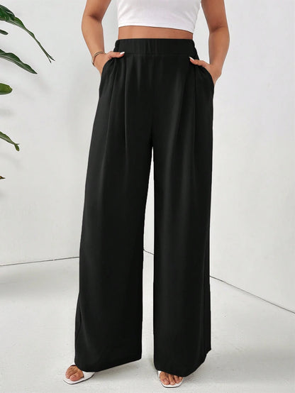 Frenchy Women Dress Pants Uniform Pants Teacher Pants Ladies' Commuting Black Striped Elastic Waist Wide Leg Trousers With Double Pockets Winter Casual Spring