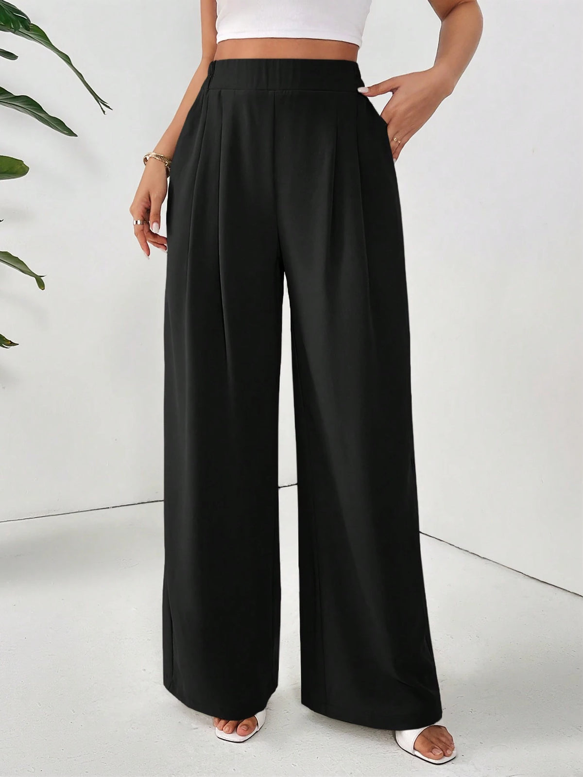 Frenchy Women Dress Pants Uniform Pants Teacher Pants Ladies' Commuting Black Striped Elastic Waist Wide Leg Trousers With Double Pockets Winter Casual Spring