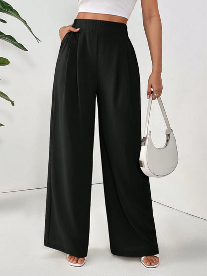 Frenchy Women Dress Pants Uniform Pants Teacher Pants Ladies' Commuting Black Striped Elastic Waist Wide Leg Trousers With Double Pockets Winter Casual Spring