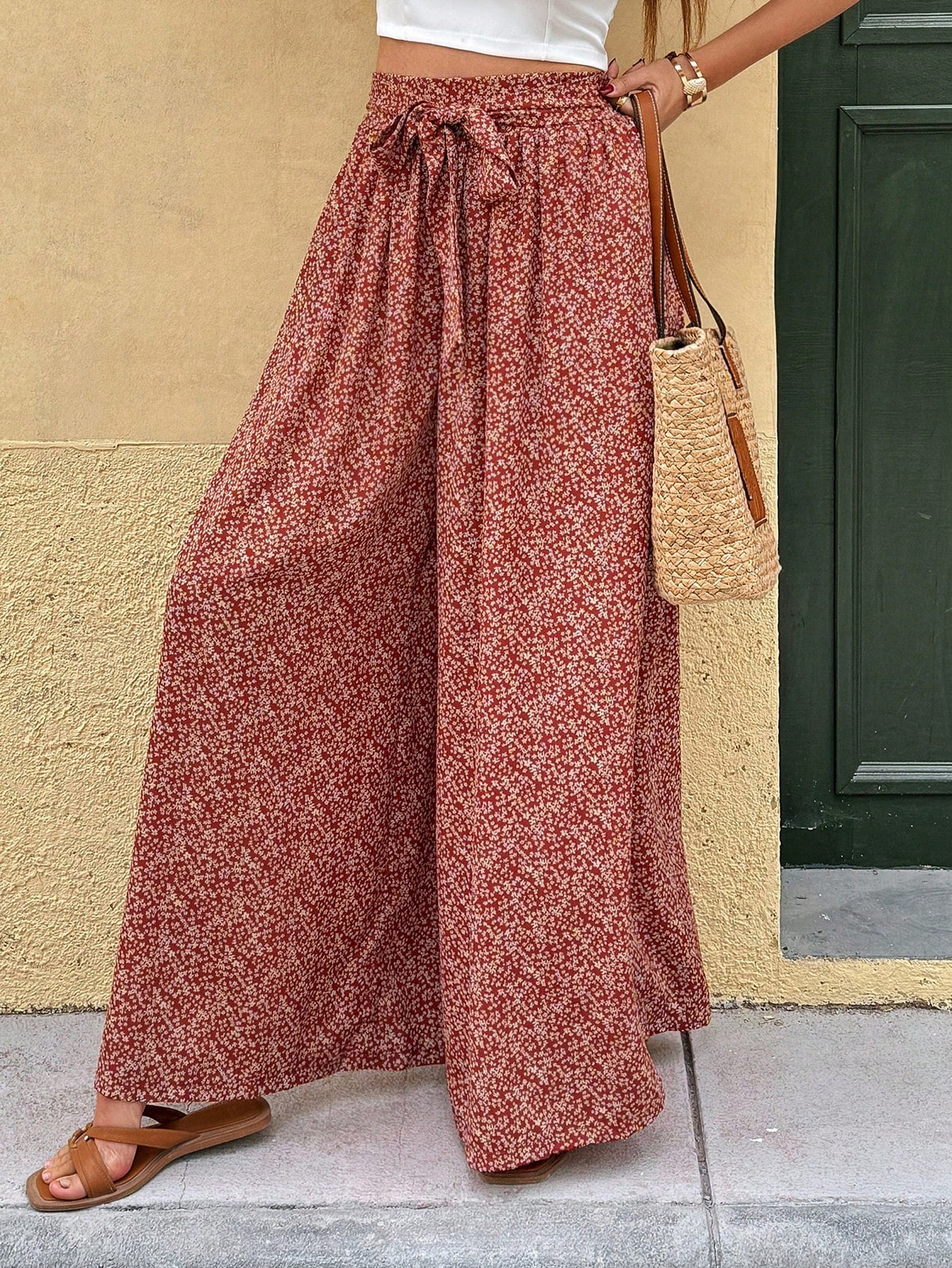 Frenchy Women's Ditsy Floral Wide Leg Loose Pants,Red Flower,Summer,Boho,Vacation,Holiday,Trousers With Slits,Front Center Tie With Bow And Adjustable Waist