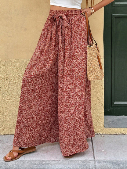 Frenchy Women's Ditsy Floral Wide Leg Loose Pants,Red Flower,Summer,Boho,Vacation,Holiday,Trousers With Slits,Front Center Tie With Bow And Adjustable Waist