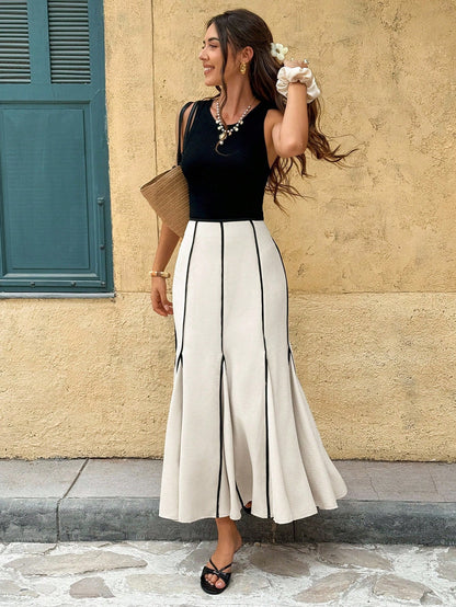 Frenchy Women's Elegant French-Style Contrast Piping Godet Fishtail Hem Skirt,Black And White Striped Summer Holiday Brunch Business Casual Teacher Wear