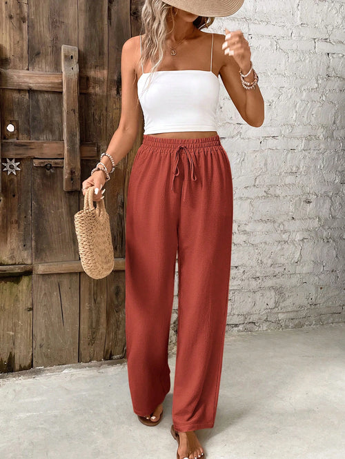 Frenchy Women's Solid Color Belted Loose Straight Leg Casual Pants, Versatile Winter Christmas Spring