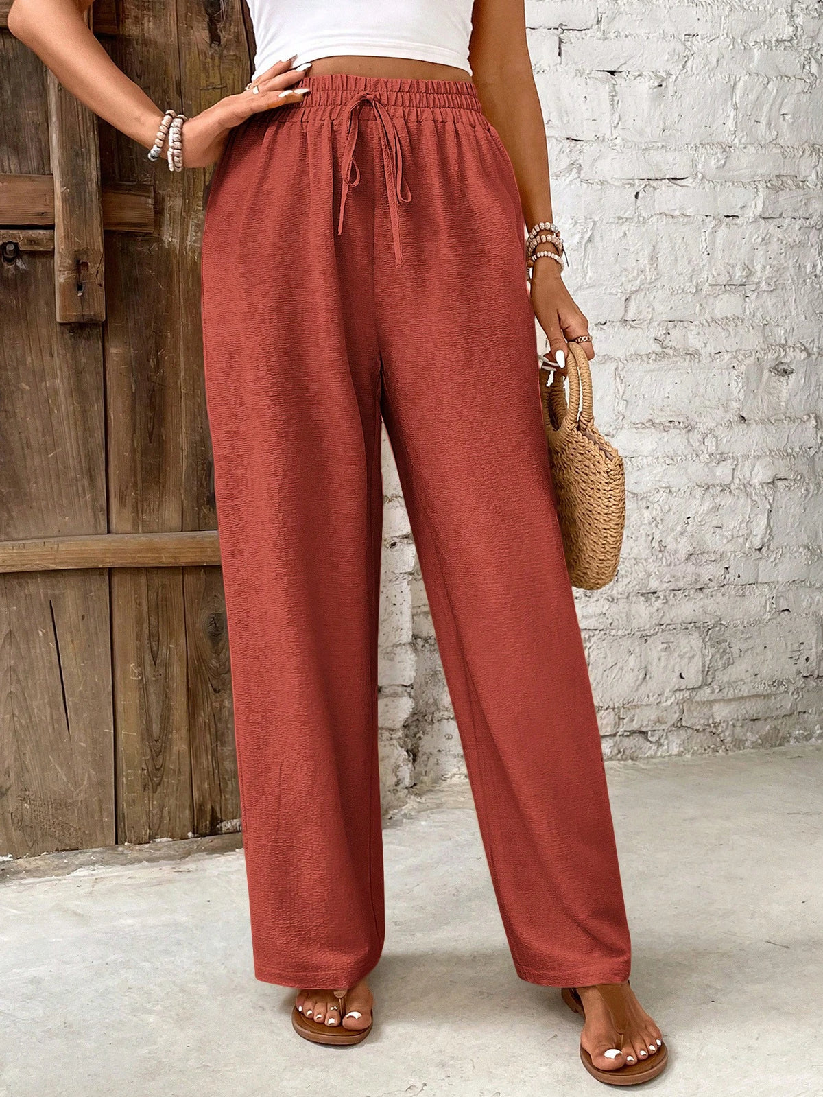 Frenchy Women's Solid Color Belted Loose Straight Leg Casual Pants, Versatile Winter Christmas Spring