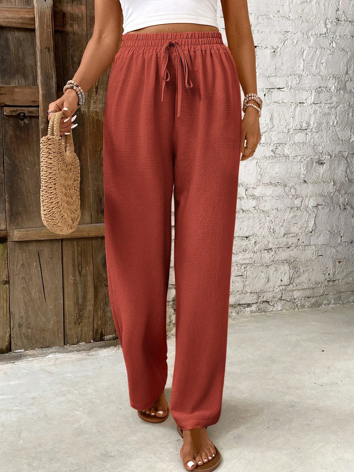 Frenchy Women's Solid Color Belted Loose Straight Leg Casual Pants, Versatile Winter Christmas Spring