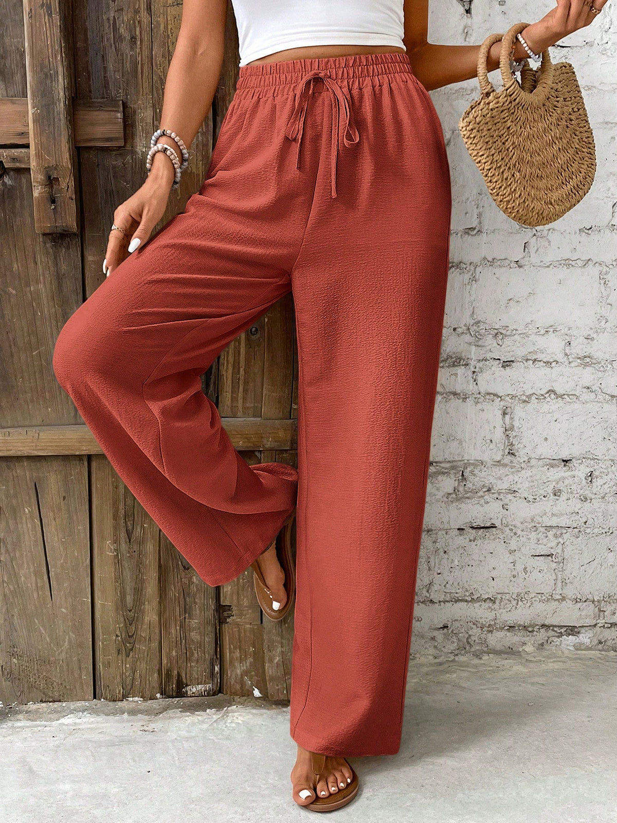 Frenchy Women's Solid Color Belted Loose Straight Leg Casual Pants, Versatile Winter Christmas Spring