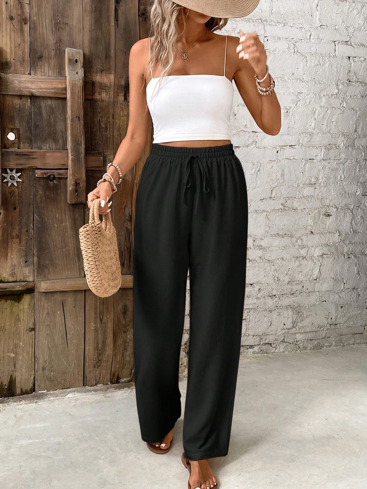 Frenchy Women's Solid Color Belted Loose Straight Leg Casual Pants, Versatile Winter Christmas Spring
