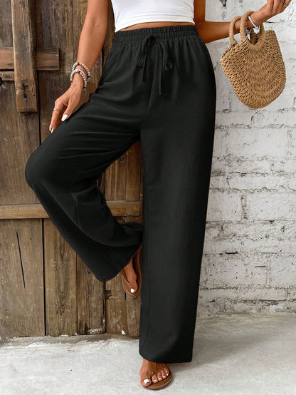 Frenchy Women's Solid Color Belted Loose Straight Leg Casual Pants, Versatile Winter Christmas Spring