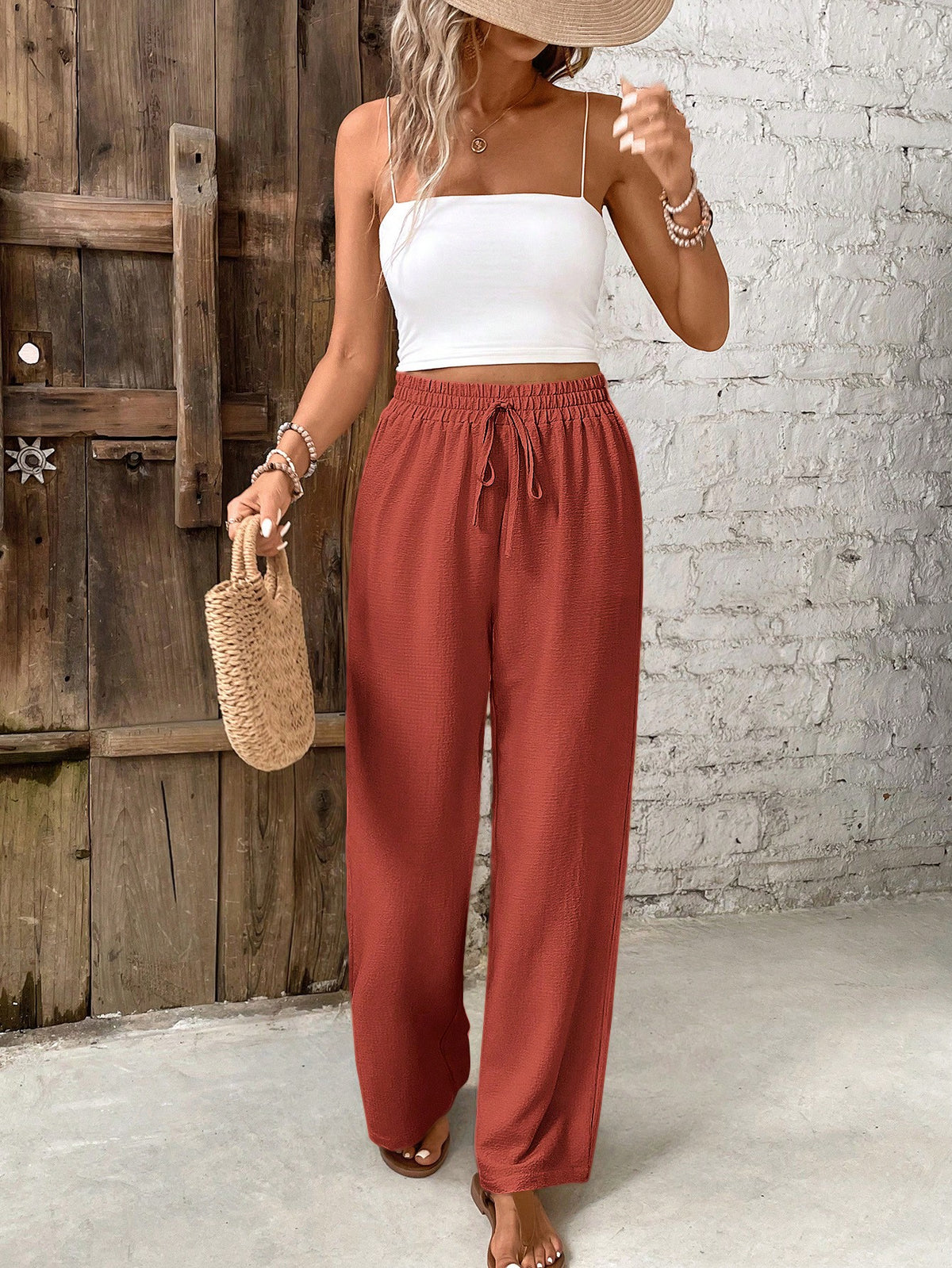 Frenchy Women's Solid Color Belted Loose Straight Leg Casual Pants, Versatile Winter Christmas Spring