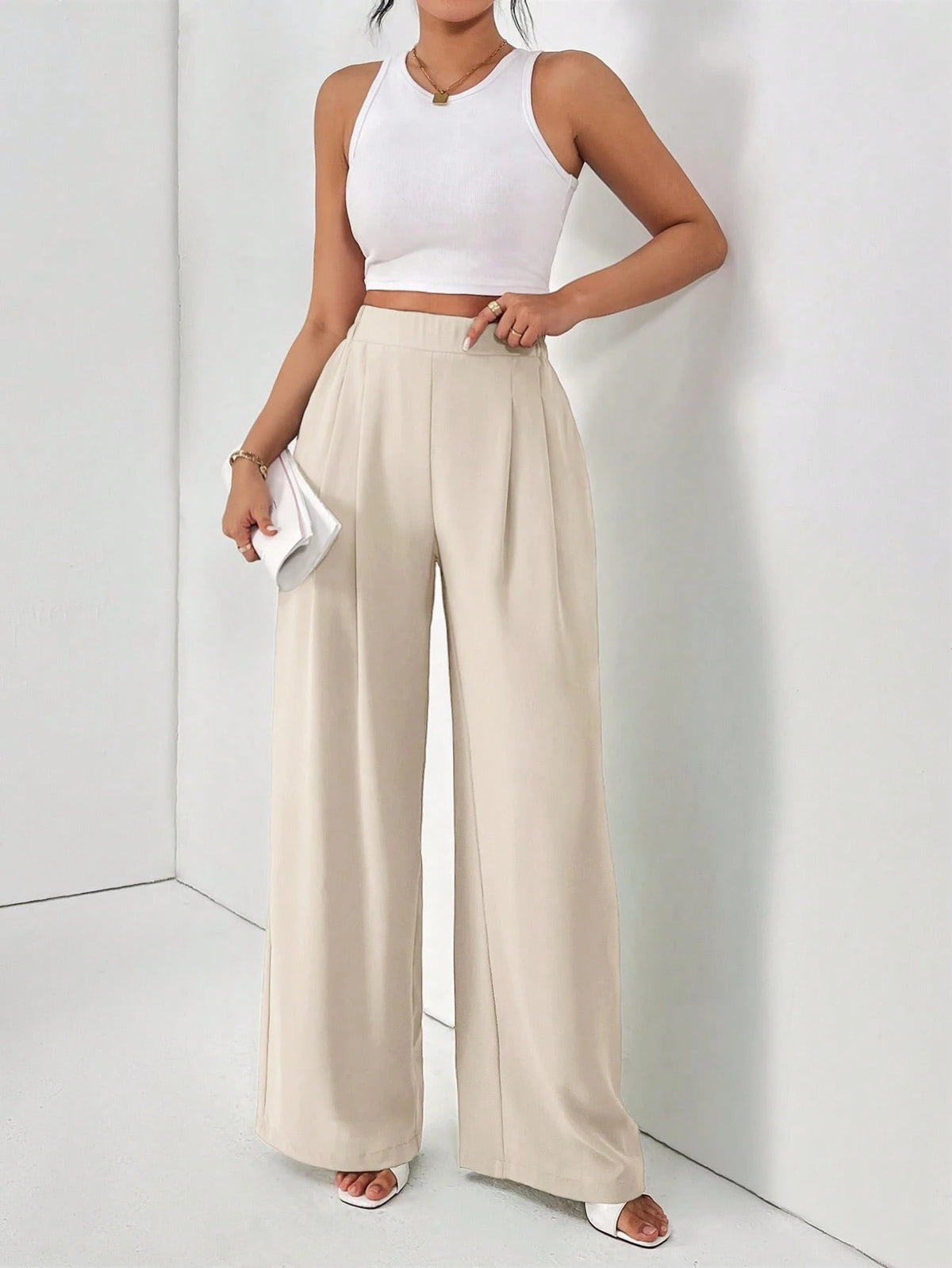Frenchy Women's Solid Color Fold Pleat Elegant Commuter Basic Long Pants,Cargo Pants Winter Casual Spring