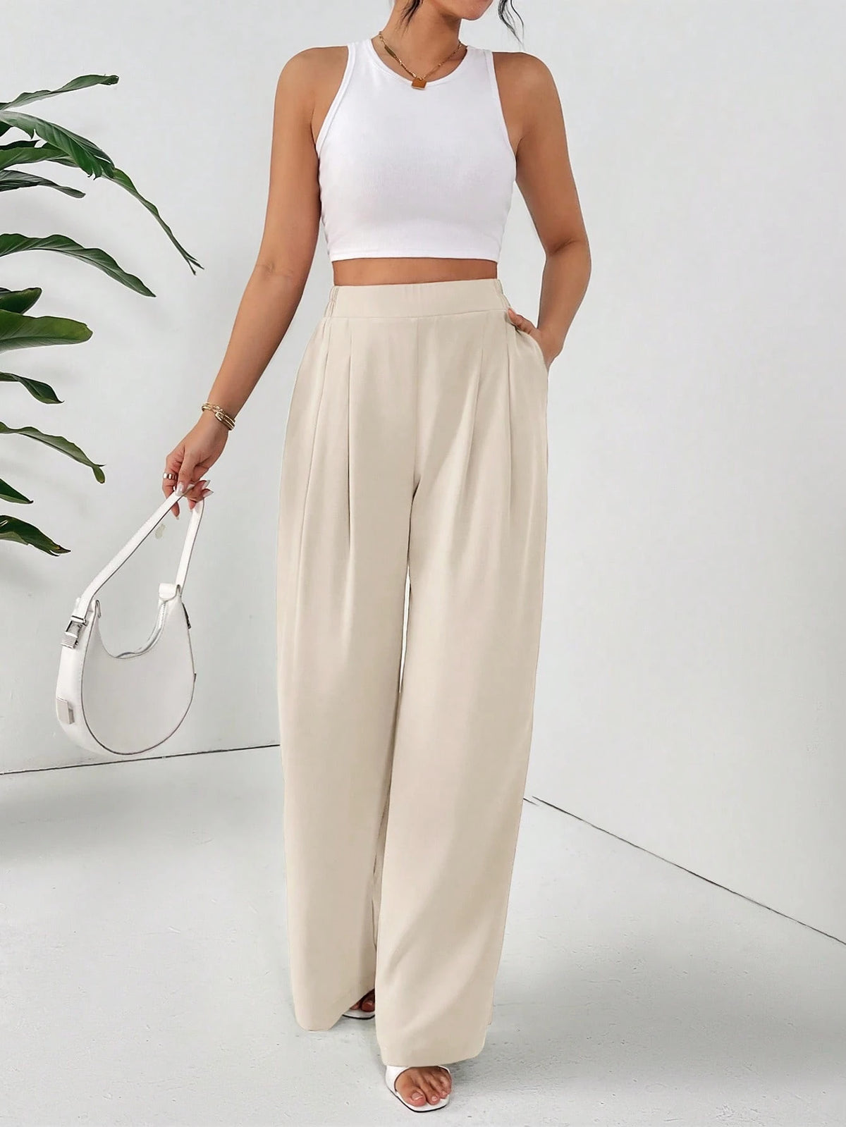 Frenchy Women's Solid Color Fold Pleat Elegant Commuter Basic Long Pants,Cargo Pants Winter Casual Spring