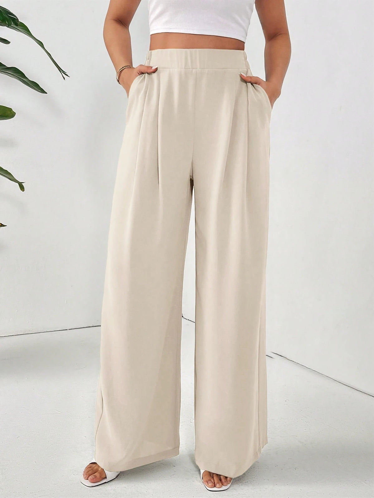 Frenchy Women's Solid Color Fold Pleat Elegant Commuter Basic Long Pants,Cargo Pants Winter Casual Spring