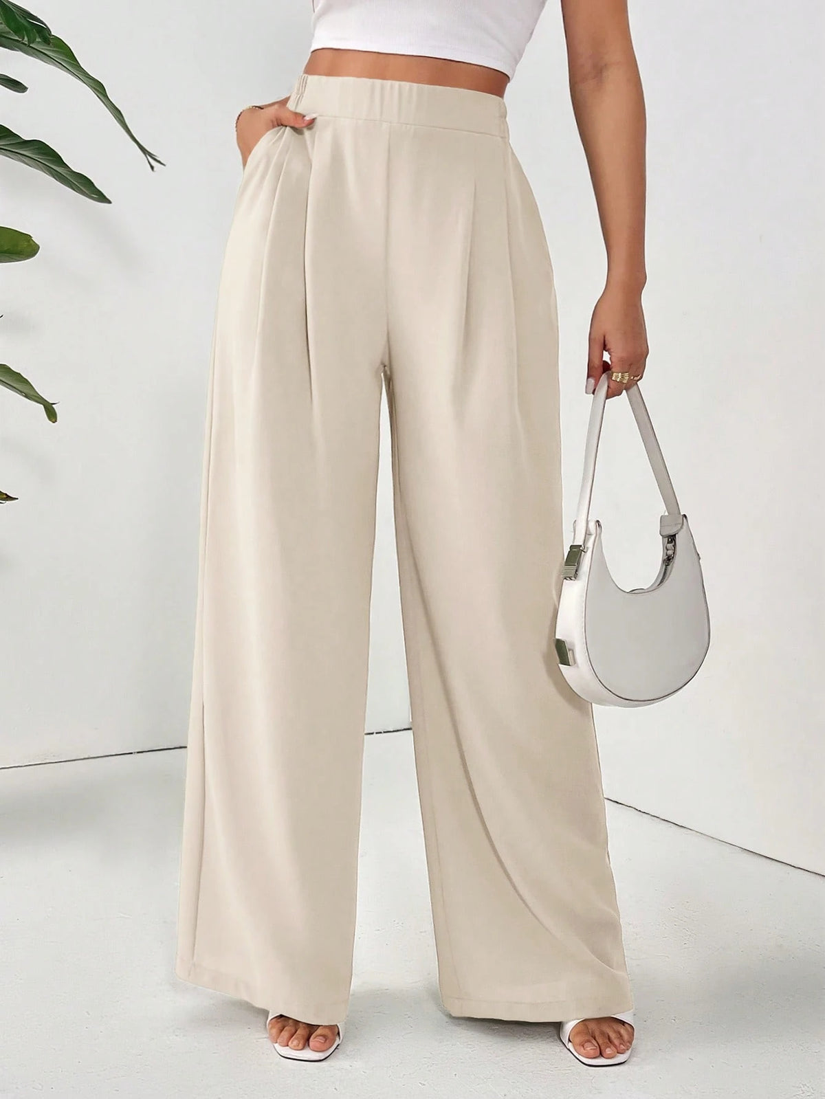 Frenchy Women's Solid Color Fold Pleat Elegant Commuter Basic Long Pants,Cargo Pants Winter Casual Spring