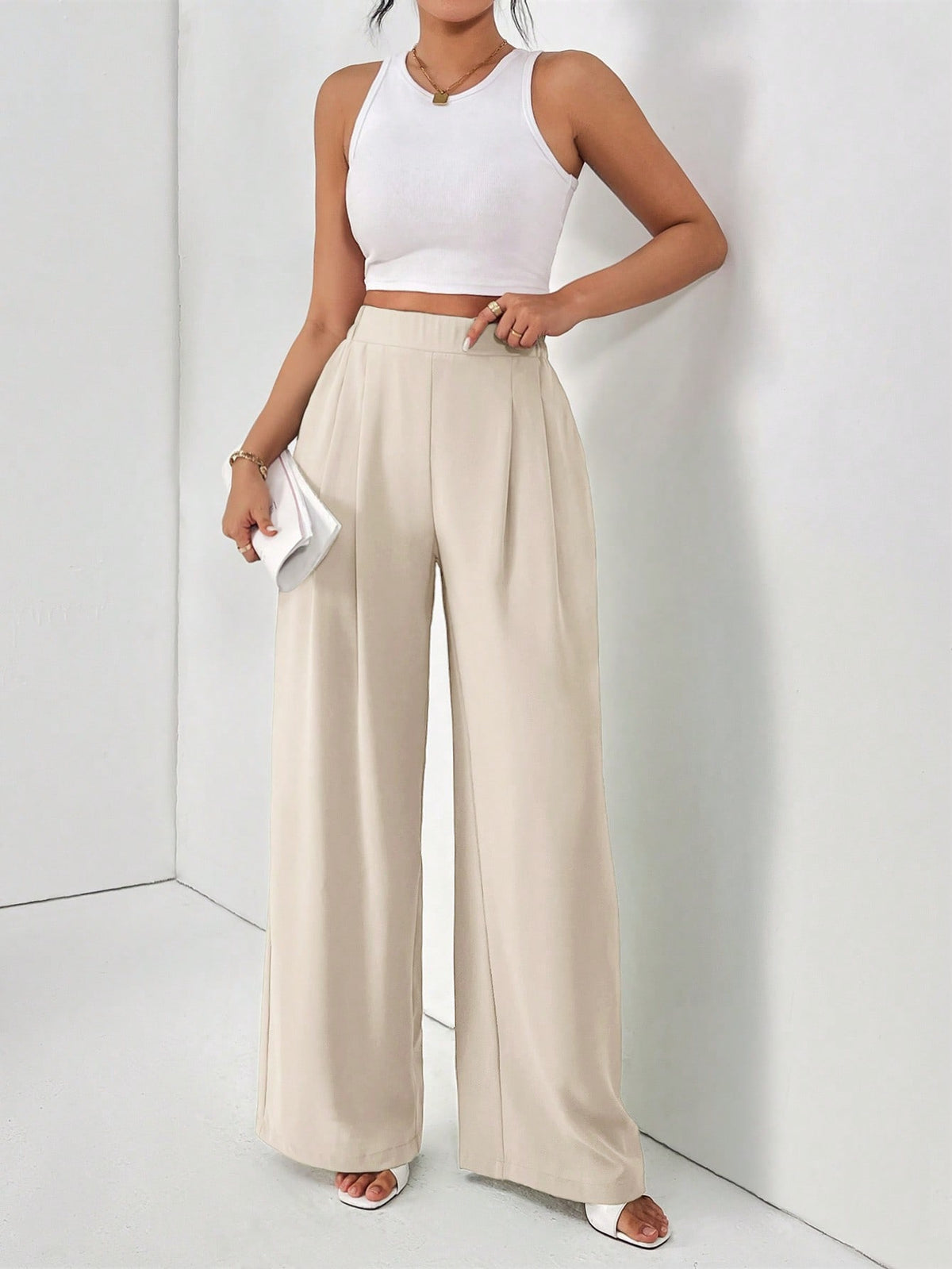 Frenchy Women's Solid Color Fold Pleat Elegant Commuter Basic Long Pants,Cargo Pants Winter Casual Spring