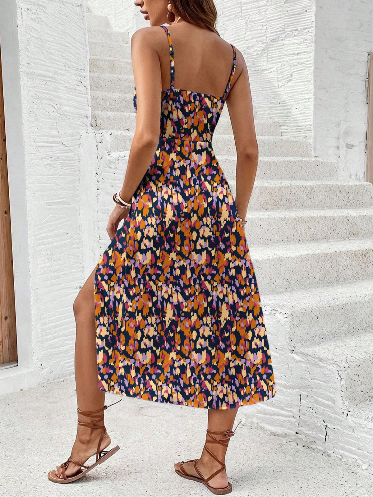 Frenchy Women's Striped Colorblock Split Design Casual Party Midi Strap Dress