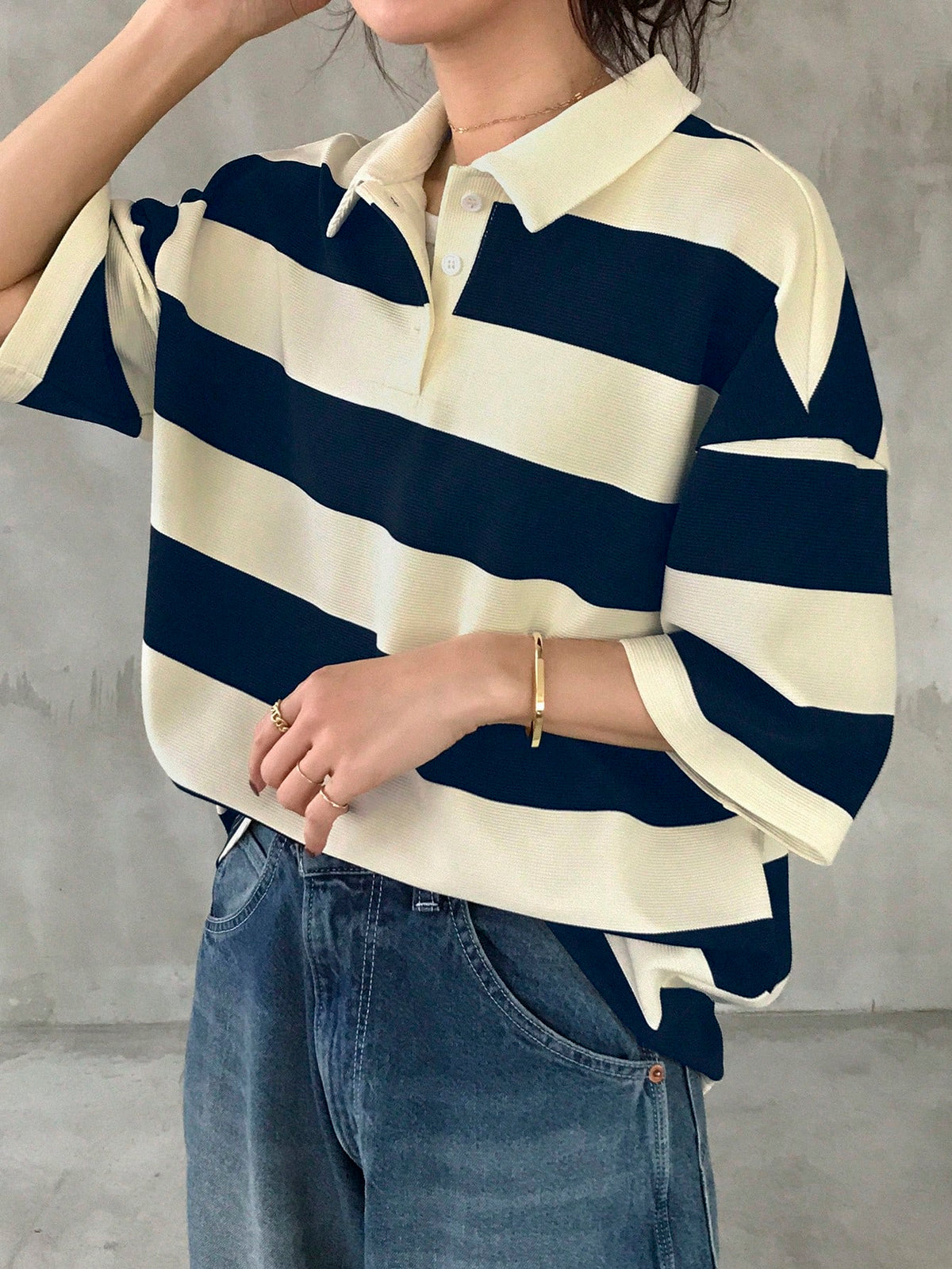 FRIFUL Ladies' Black & White Striped Loose Polo Neck Short Sleeve T-Shirt, Casual Summer Wear Oversized T-Shirt