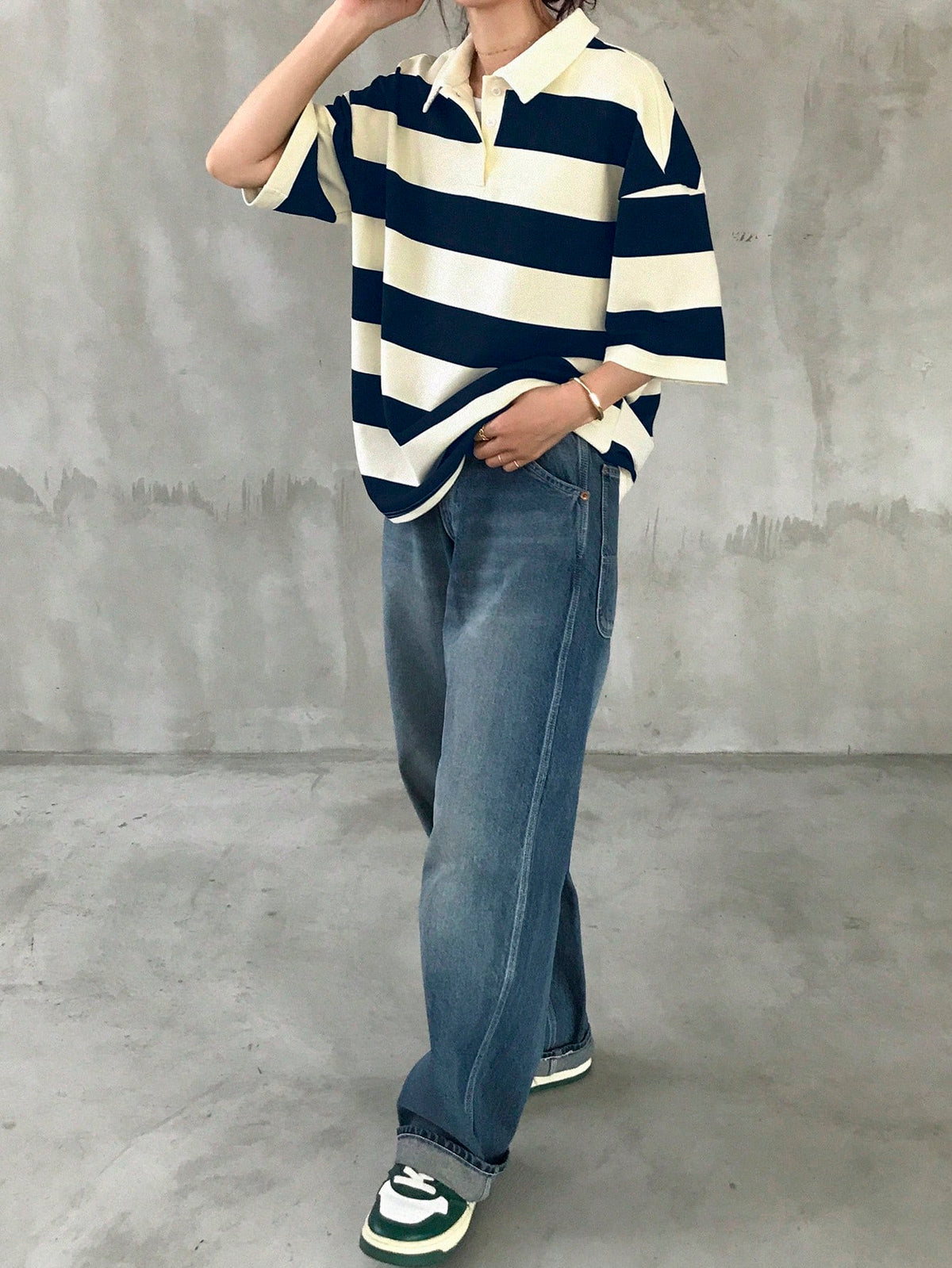 FRIFUL Ladies' Black & White Striped Loose Polo Neck Short Sleeve T-Shirt, Casual Summer Wear Oversized T-Shirt