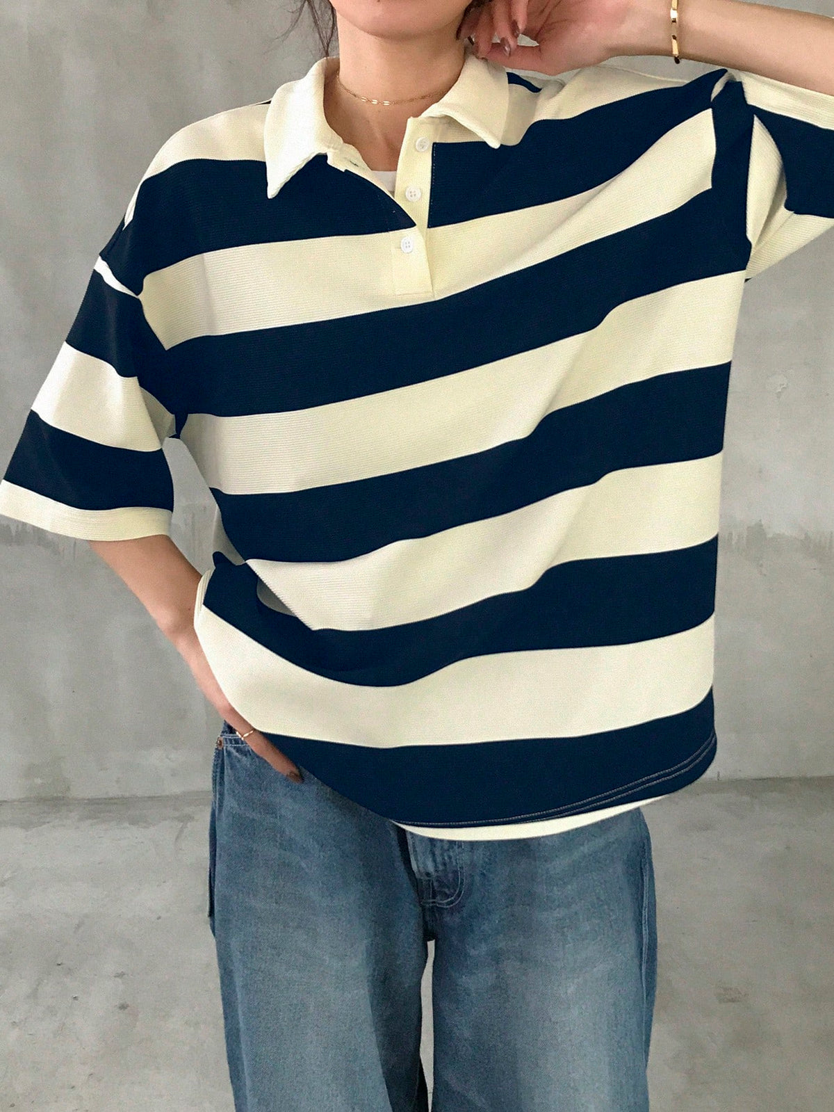 FRIFUL Ladies' Black & White Striped Loose Polo Neck Short Sleeve T-Shirt, Casual Summer Wear Oversized T-Shirt