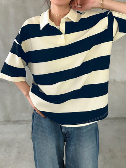 FRIFUL Ladies' Black & White Striped Loose Polo Neck Short Sleeve T-Shirt, Casual Summer Wear Oversized T-Shirt