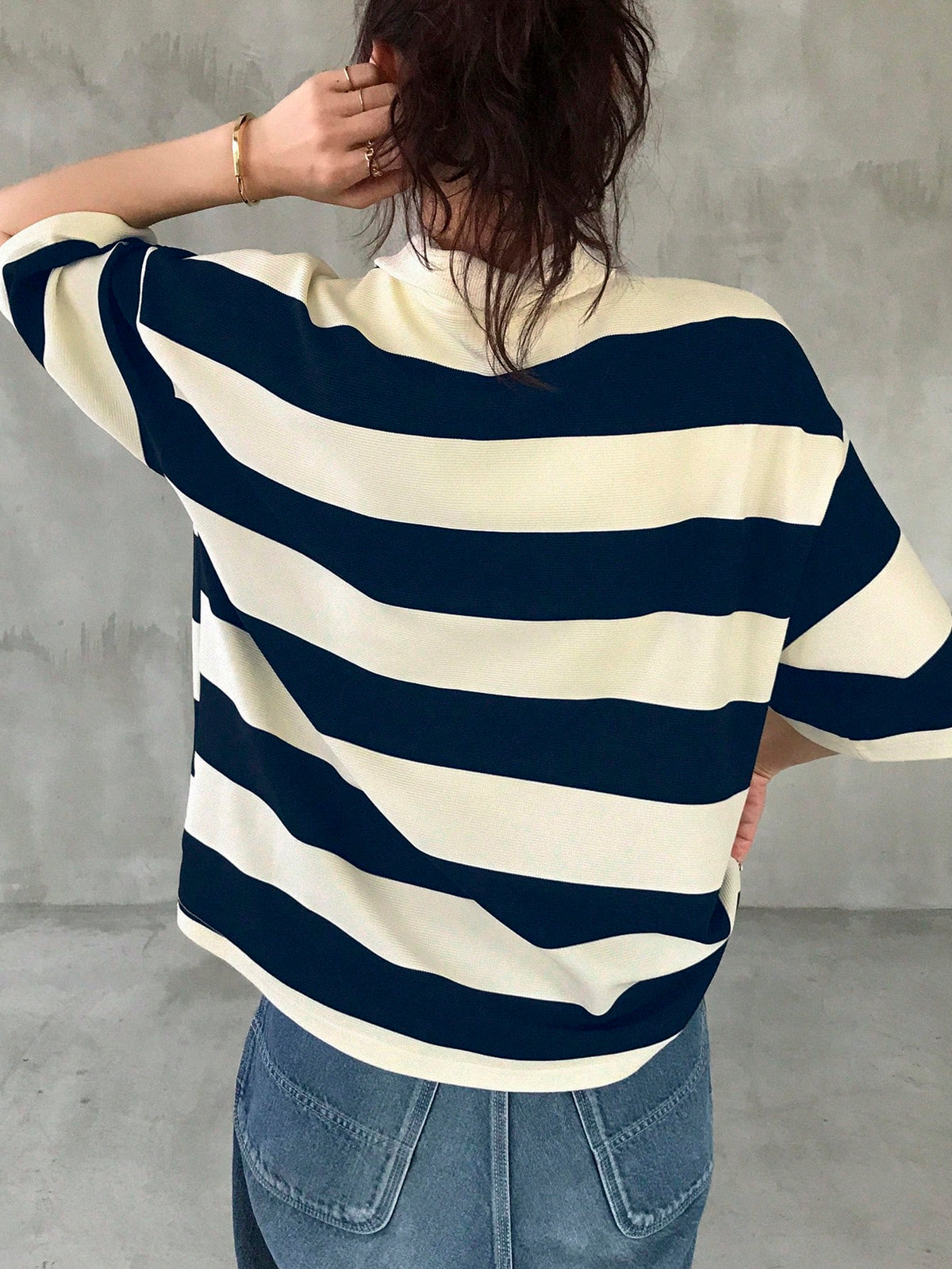 FRIFUL Ladies' Black & White Striped Loose Polo Neck Short Sleeve T-Shirt, Casual Summer Wear Oversized T-Shirt
