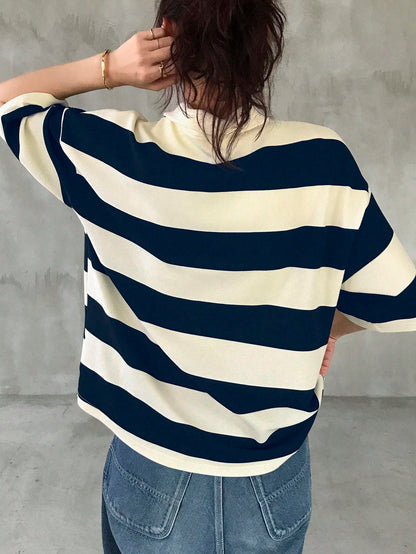 FRIFUL Ladies' Black & White Striped Loose Polo Neck Short Sleeve T-Shirt, Casual Summer Wear Oversized T-Shirt
