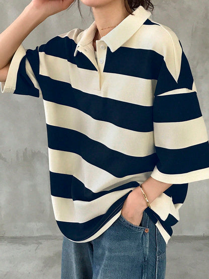 FRIFUL Ladies' Black & White Striped Loose Polo Neck Short Sleeve T-Shirt, Casual Summer Wear Oversized T-Shirt