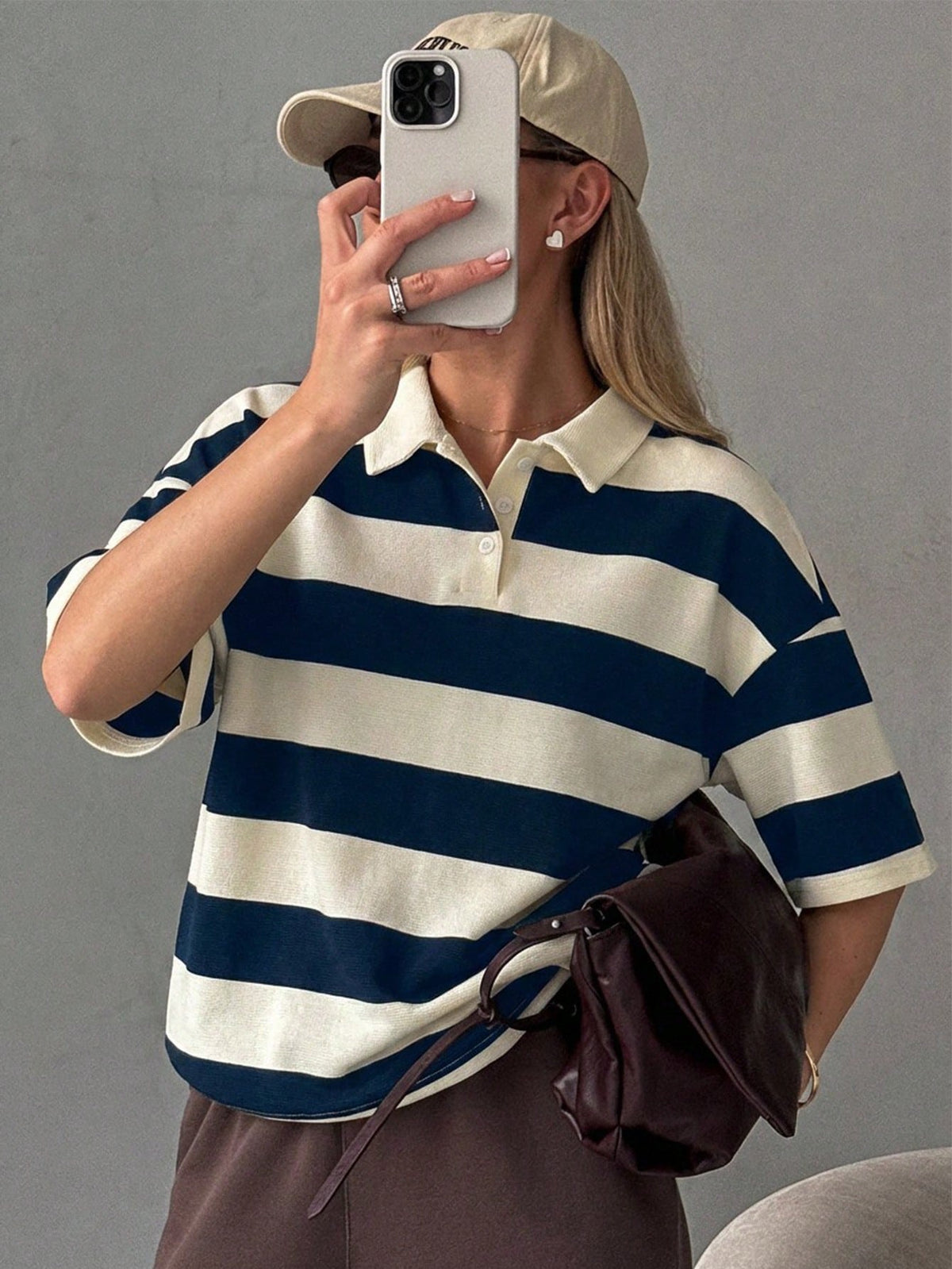 FRIFUL Ladies' Black & White Striped Loose Polo Neck Short Sleeve T-Shirt, Casual Summer Wear Oversized T-Shirt