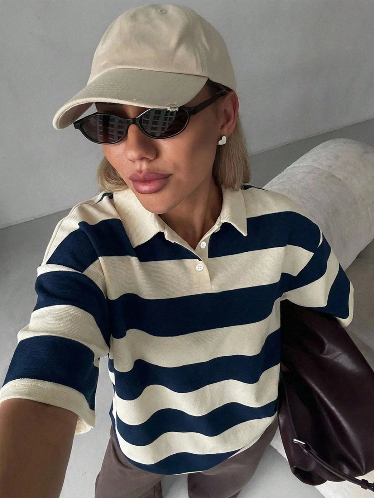 FRIFUL Ladies' Black & White Striped Loose Polo Neck Short Sleeve T-Shirt, Casual Summer Wear Oversized T-Shirt