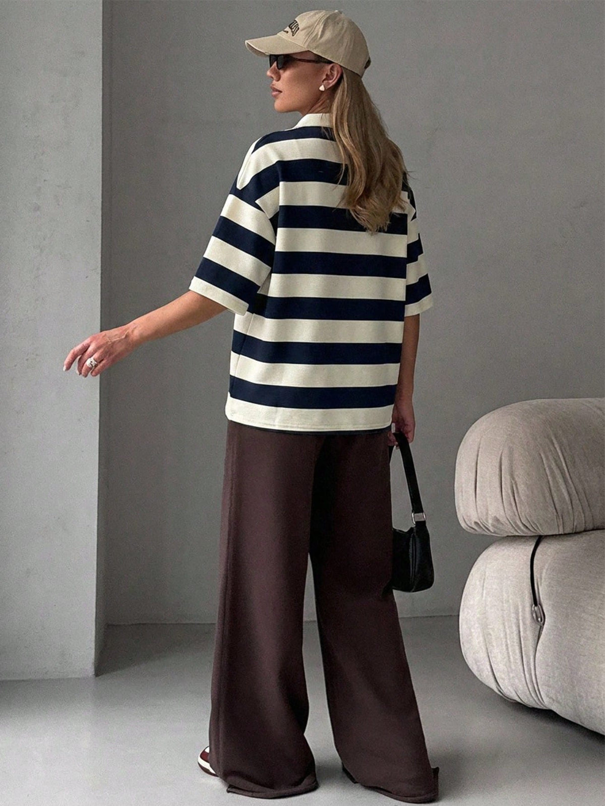 FRIFUL Ladies' Black & White Striped Loose Polo Neck Short Sleeve T-Shirt, Casual Summer Wear Oversized T-Shirt