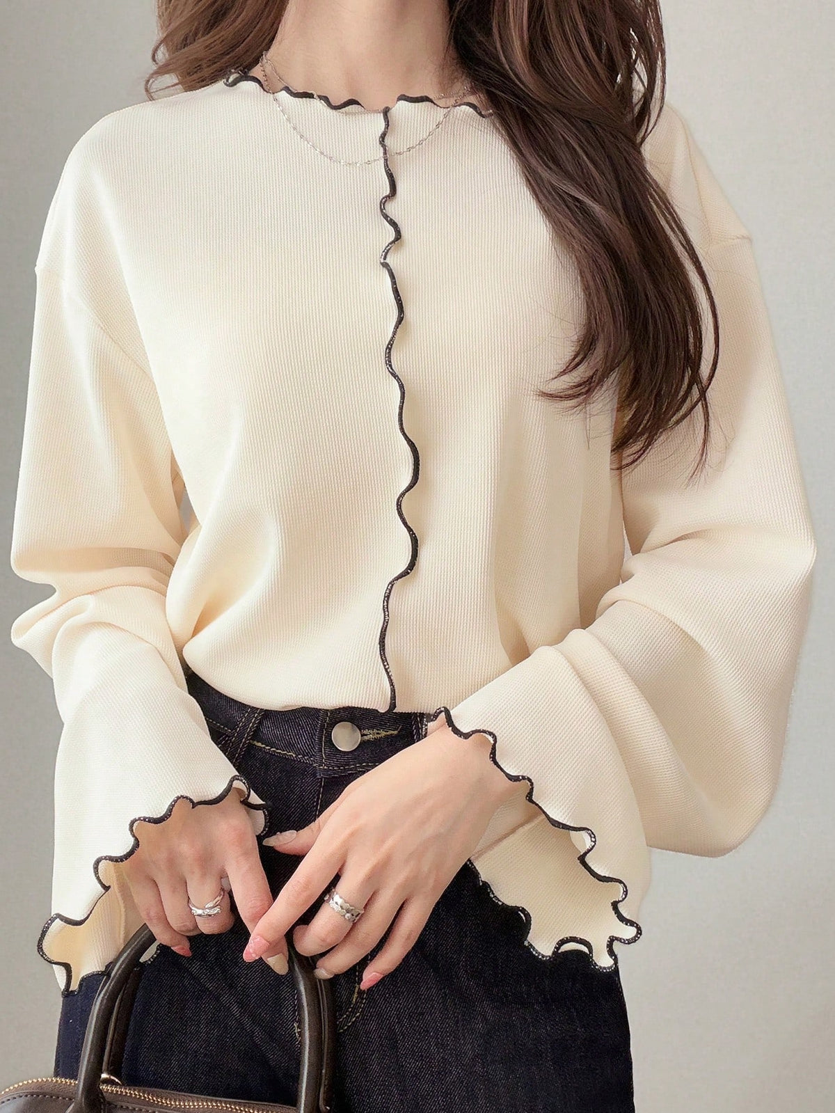 FRIFUL Women's Wavy Frill Trim Black And White Checkered Loose Colorblock Short Sleeve T-Shirt, Autumn Casual Elegant Top Date Night Summer