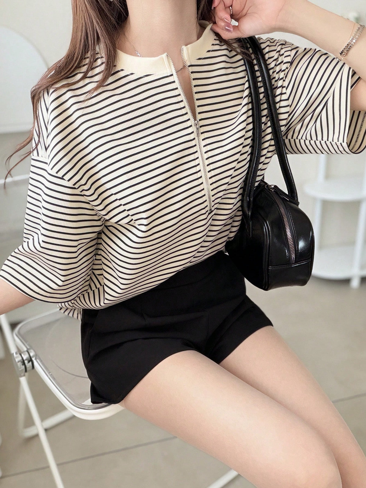 FRIFUL Women's Wavy Striped Loose Contrast Trim Short Sleeve T-Shirt, Summer Casual Wear