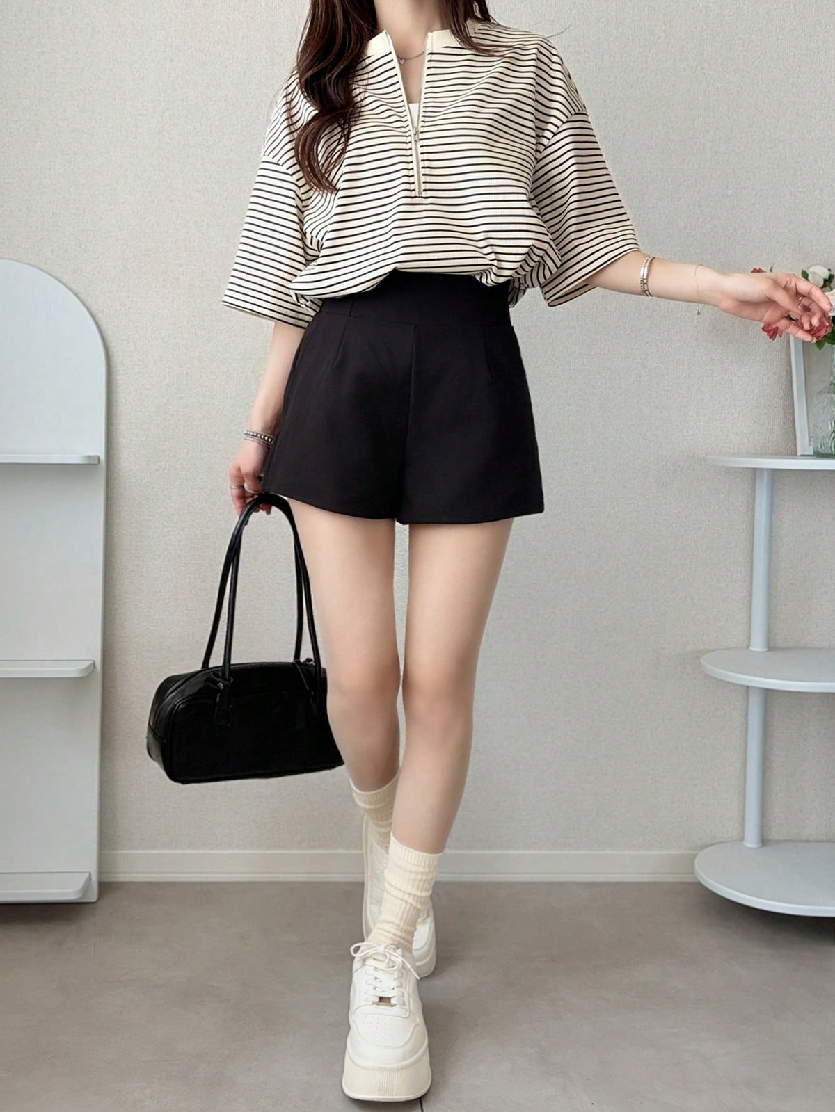 FRIFUL Women's Wavy Striped Loose Contrast Trim Short Sleeve T-Shirt, Summer Casual Wear