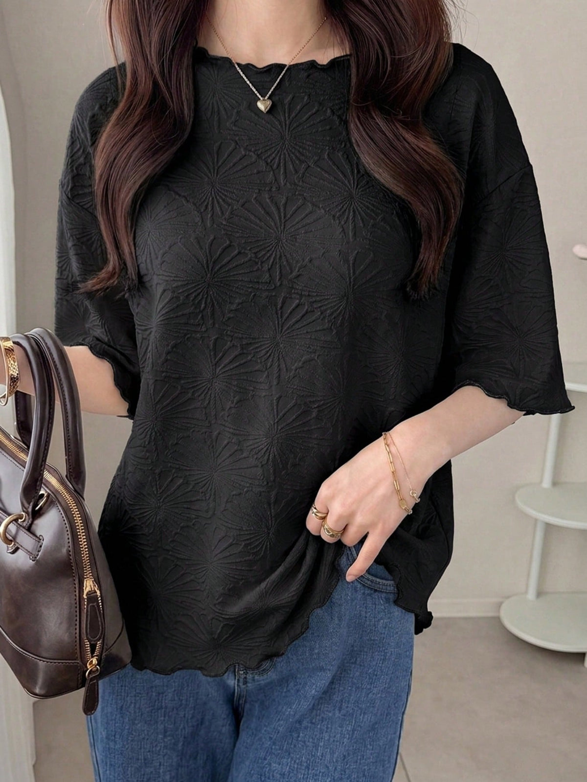 FRIFUL Women's Wavy Striped Loose Contrast Trim Short Sleeve T-Shirt, Summer Casual Wear