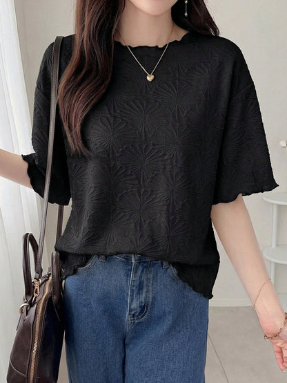 FRIFUL Women's Wavy Striped Loose Contrast Trim Short Sleeve T-Shirt, Summer Casual Wear