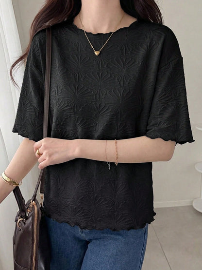 FRIFUL Women's Wavy Striped Loose Contrast Trim Short Sleeve T-Shirt, Summer Casual Wear