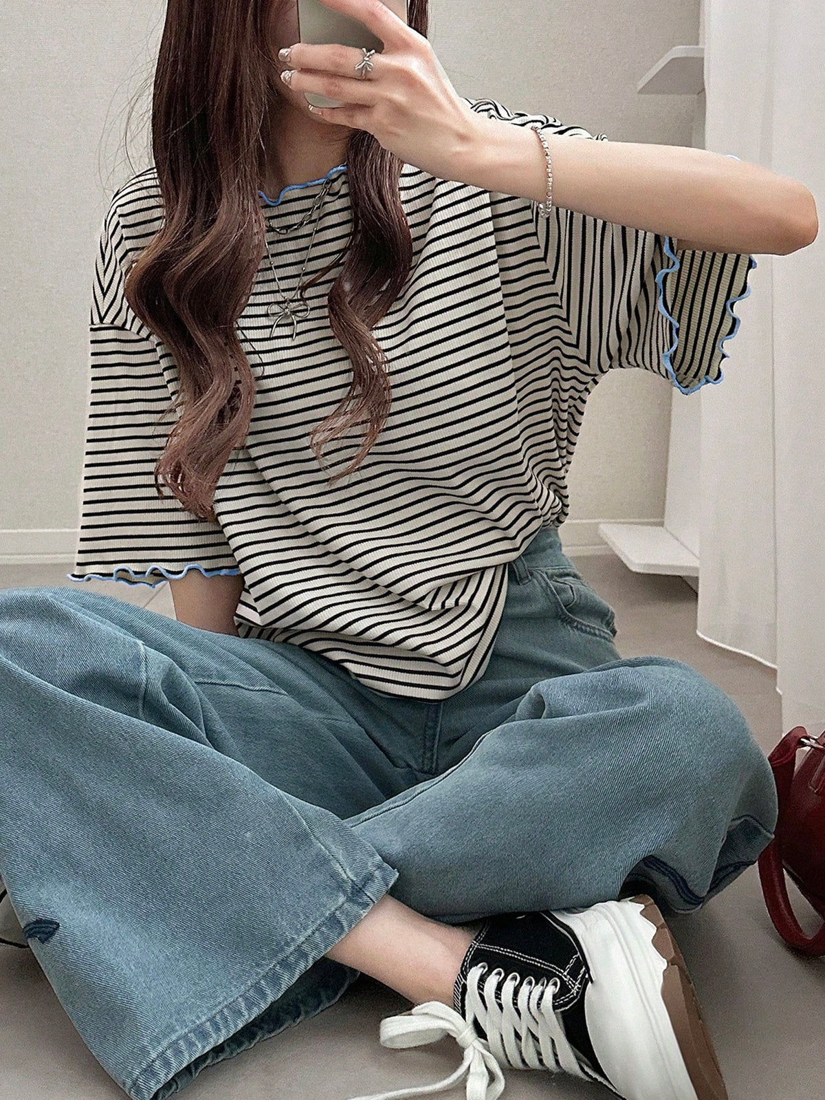 FRIFUL Women's Wavy Striped Loose Contrast Trim Short Sleeve T-Shirt, Summer Casual Wear