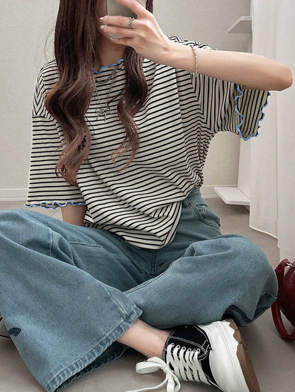 FRIFUL Women's Wavy Striped Loose Contrast Trim Short Sleeve T-Shirt, Summer Casual Wear