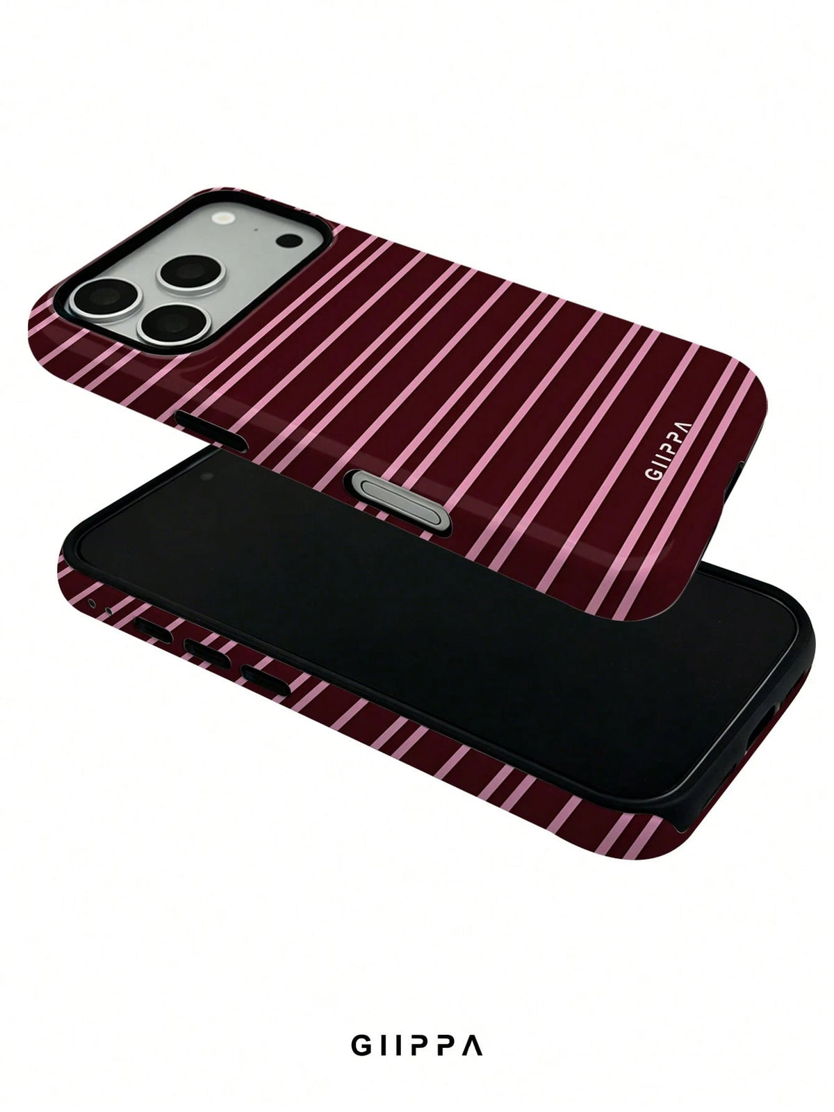 GIIPPA 1 Burgundy And Bright Pink Striped Pattern Design Phone 17 Pro Max Case, Suitable For Phone 16 Pro Max, 15 Pro Max, 14 Pro Max, Korean Stylish And Interesting Phone Case, Compatible With 11/12