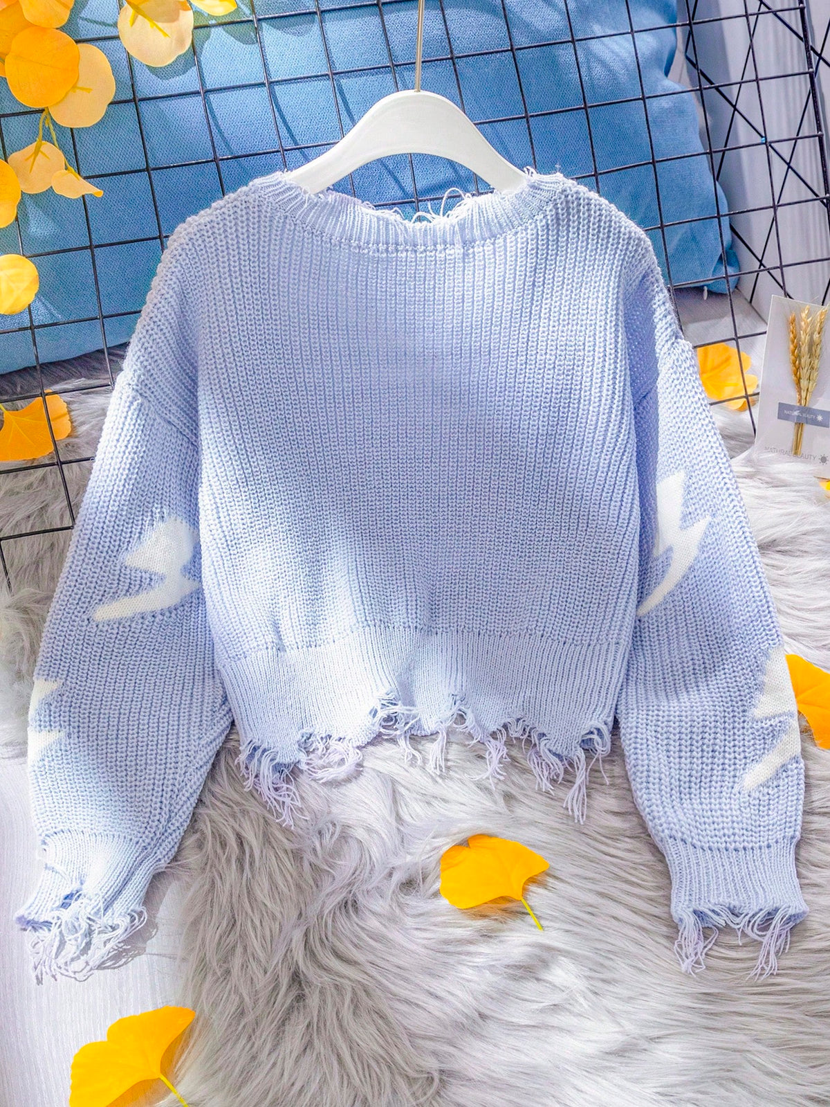 Girls' Blue Fashion Versatile Comfortable Light Blue Lightning Pattern Distressed Hem Loose Knit Sweater