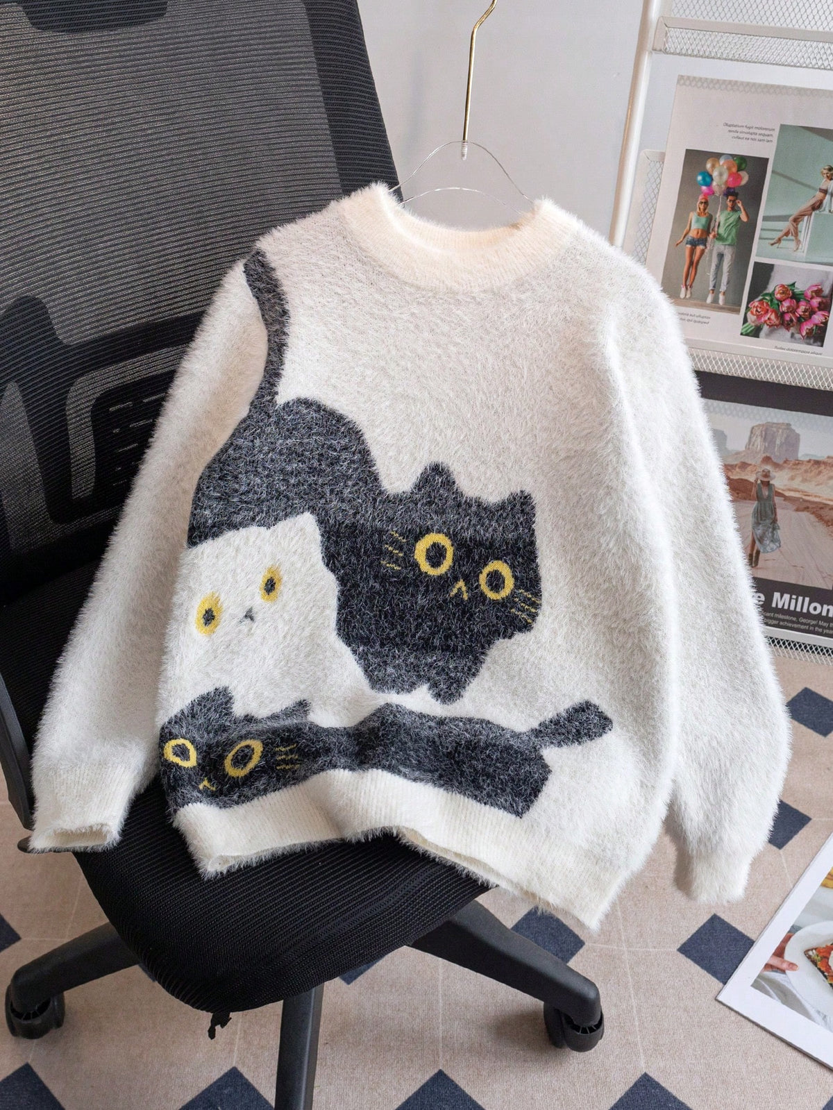 Girls' Cute Cat Pattern Faux Fur Knit Pullover Sweater, Suitable For Casual Everyday Wear, Spring/Autumn/Winter