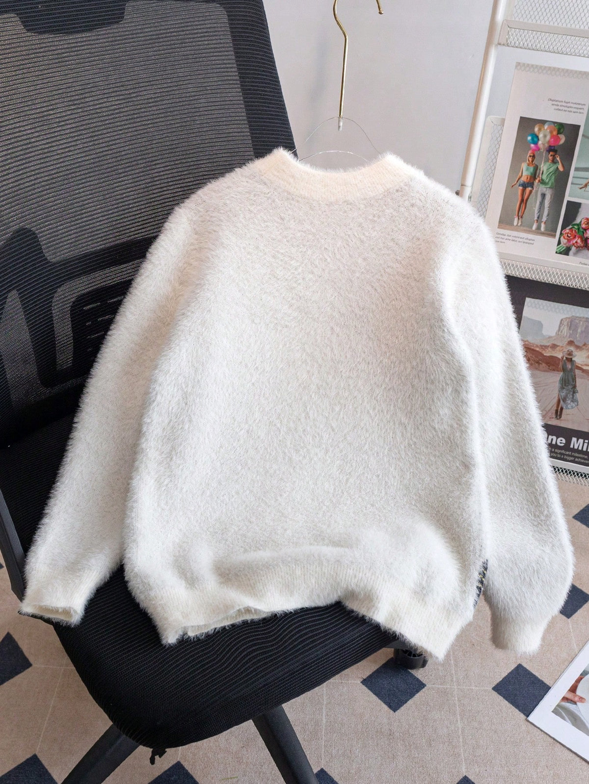 Girls' Cute Cat Pattern Faux Fur Knit Pullover Sweater, Suitable For Casual Everyday Wear, Spring/Autumn/Winter
