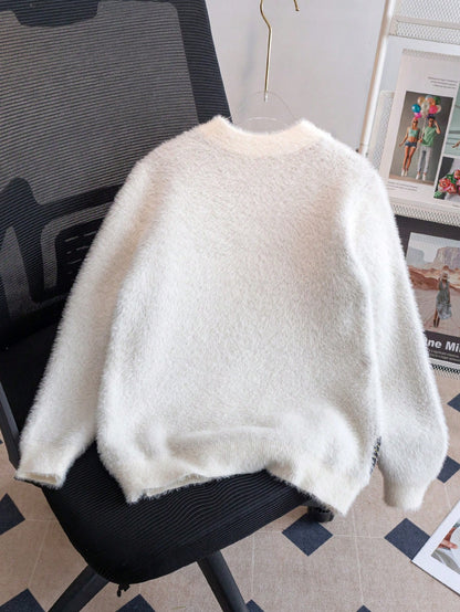 Girls' Cute Cat Pattern Faux Fur Knit Pullover Sweater, Suitable For Casual Everyday Wear, Spring/Autumn/Winter