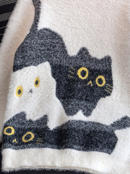 Girls' Cute Cat Pattern Faux Fur Knit Pullover Sweater, Suitable For Casual Everyday Wear, Spring/Autumn/Winter
