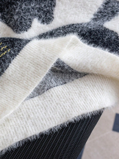 Girls' Cute Cat Pattern Faux Fur Knit Pullover Sweater, Suitable For Casual Everyday Wear, Spring/Autumn/Winter